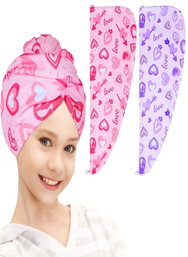 FIOBEE Microfiber Hair Towel Wrap for Kid Rapid Drying Towel Absorbent Hair Turbans for Wet Hair with Button Women Girls Long Curly Hair Pack of 2, Pink/Purple Heart - Image 1
